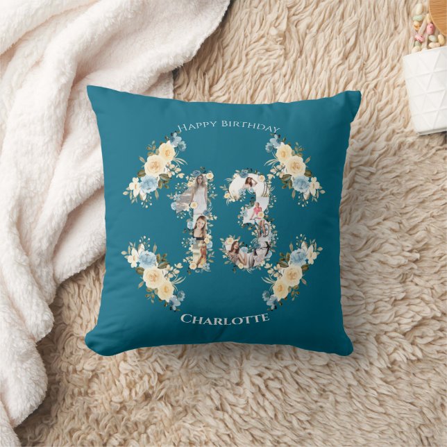 13th Birthday Photo Collage Yellow Flower Teal Cushion (Blanket)