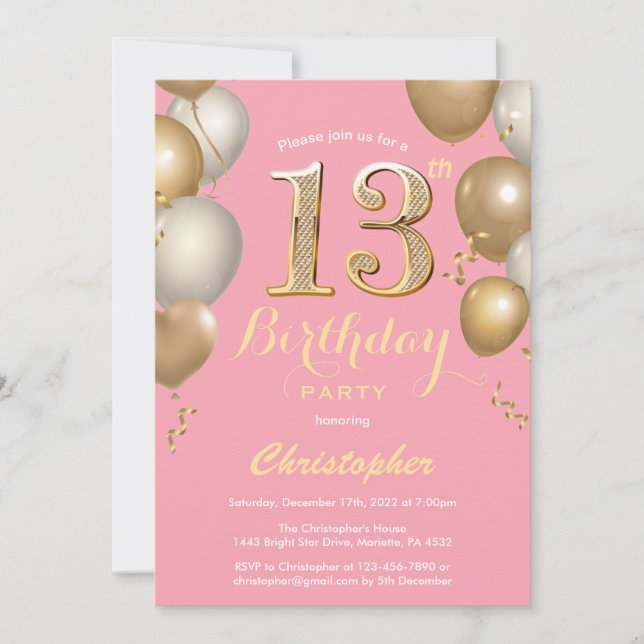13th Birthday Pink and Gold Balloons Confetti Invitation (Front)