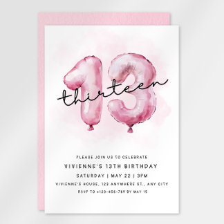 13th Birthday Pink Balloon Invitation