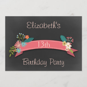 13th Birthday Pink Banner Flowers Chalkboard Invitation