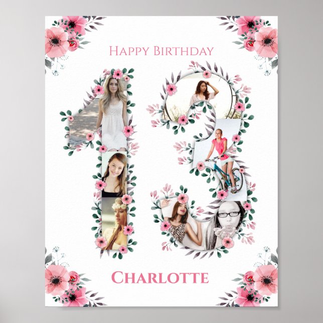 13th Birthday Pink Flower Girl Photo Collage White Poster (Front)