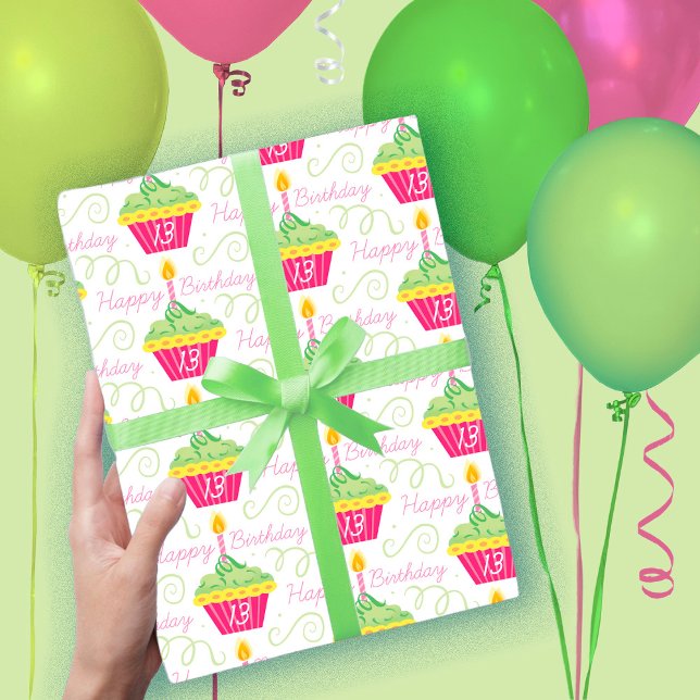 13th Birthday Pink Green Cupcakes Wrapping Paper Sheet (Creator Uploaded)