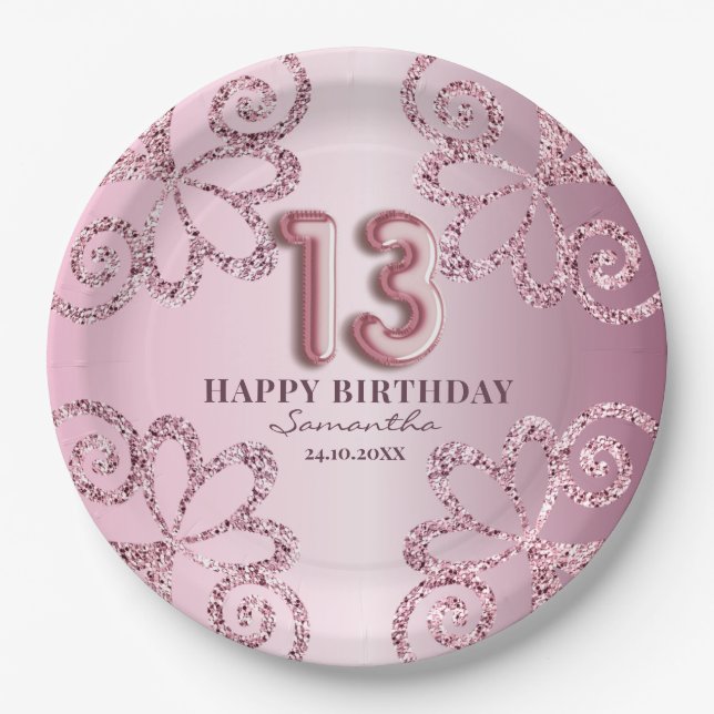 13th Birthday Pink Princess Glitter Balloon Script Paper Plate (Front)