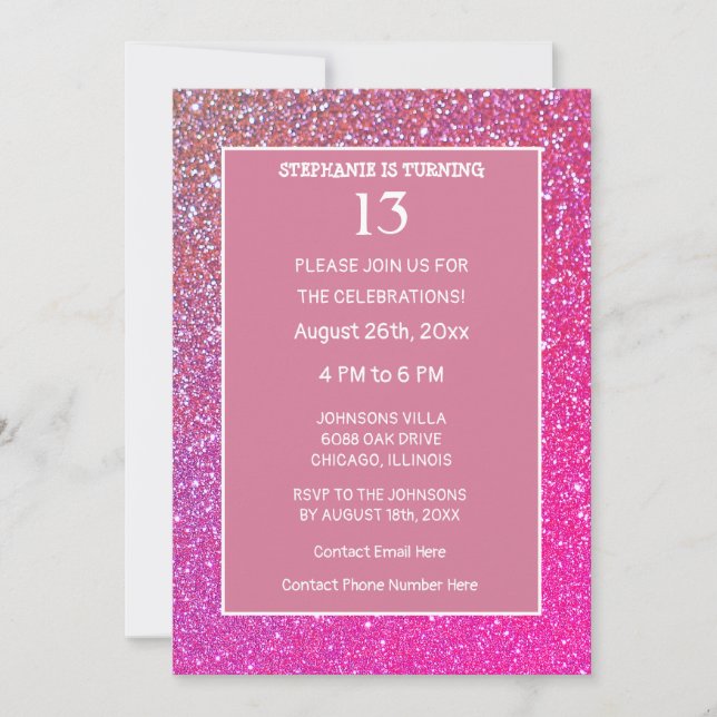 13th Birthday Pink Rose Gold Glitter Thirteen Cool Invitation (Front)