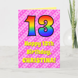 13th Birthday: Pink Stripes & Hearts, Rainbow # 13 Card