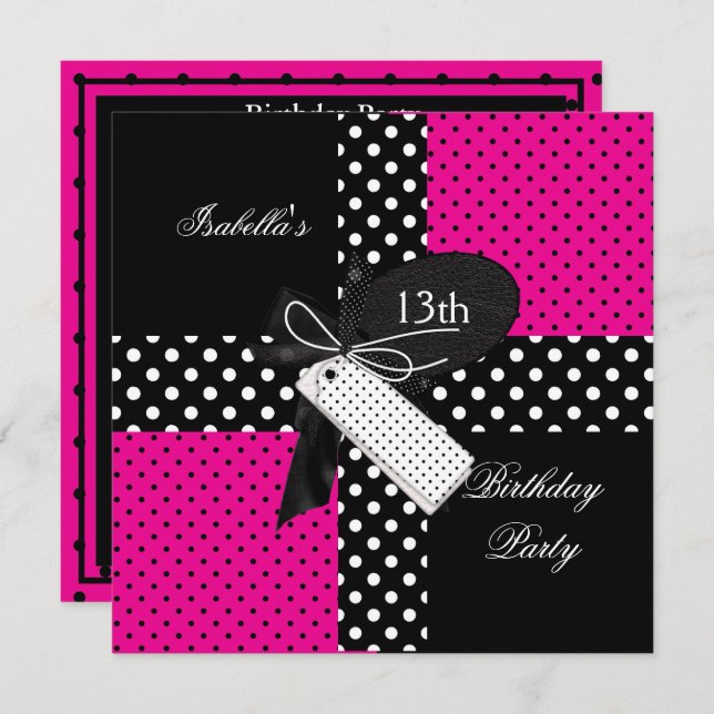 13th Birthday Polka Dot Hot Pink Black White Invitation (Front/Back)