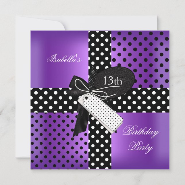 13th Birthday Polka Dot Purple Black White 2 Invitation (Front)