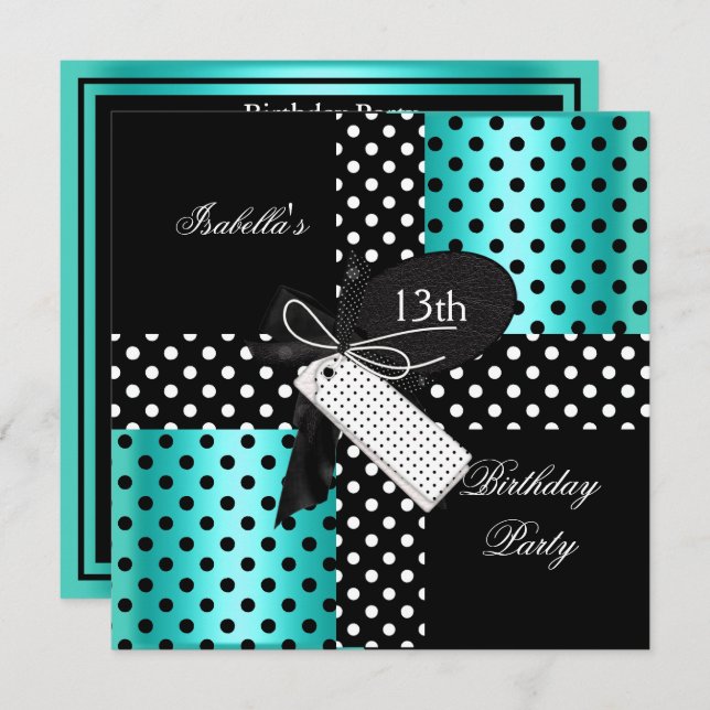 13th Birthday Polka Dot Teal Blue Black White 2 Invitation (Front/Back)