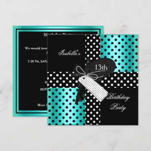 13th Birthday Polka Dot Teal Blue Black White 2 Invitation