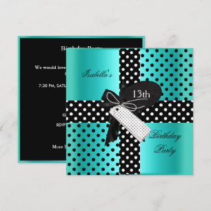 13th Birthday Polka Dot Teal Blue Black White Invitation