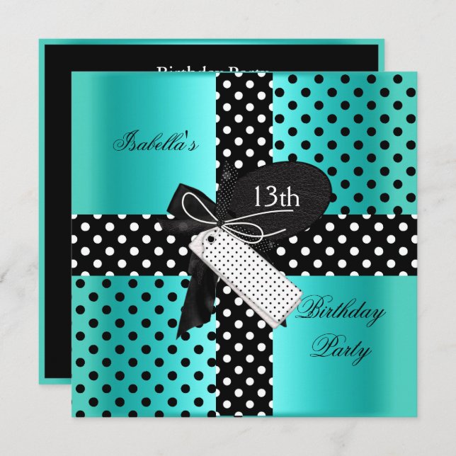 13th Birthday Polka Dot Teal Blue Black White Invitation (Front/Back)
