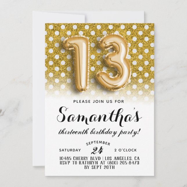 13th Birthday Polkadot Glitter Invitation (Front)