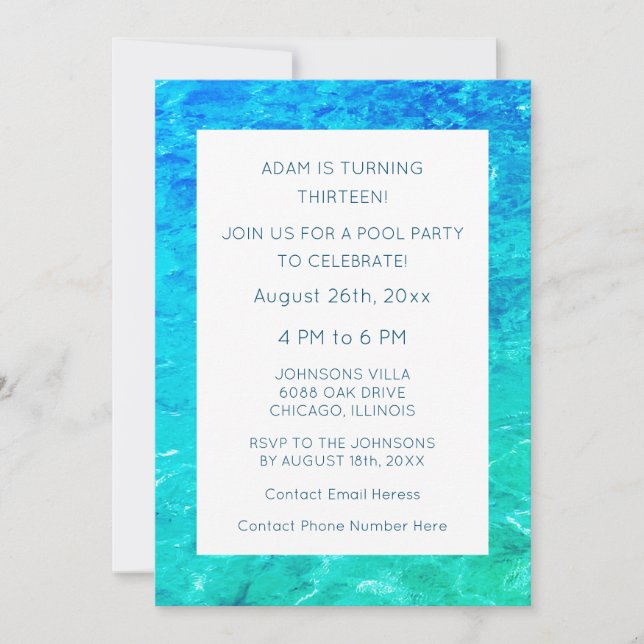13th Birthday Pool Party Water Blue Green Custom Invitation (Front)