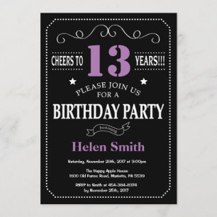 13th Birthday Purple and Black Chalkboard Invitation