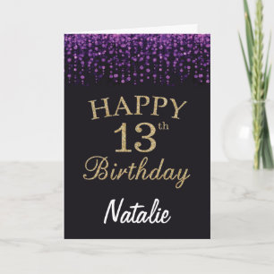 13th Birthday Purple Black and Gold Glitter Card