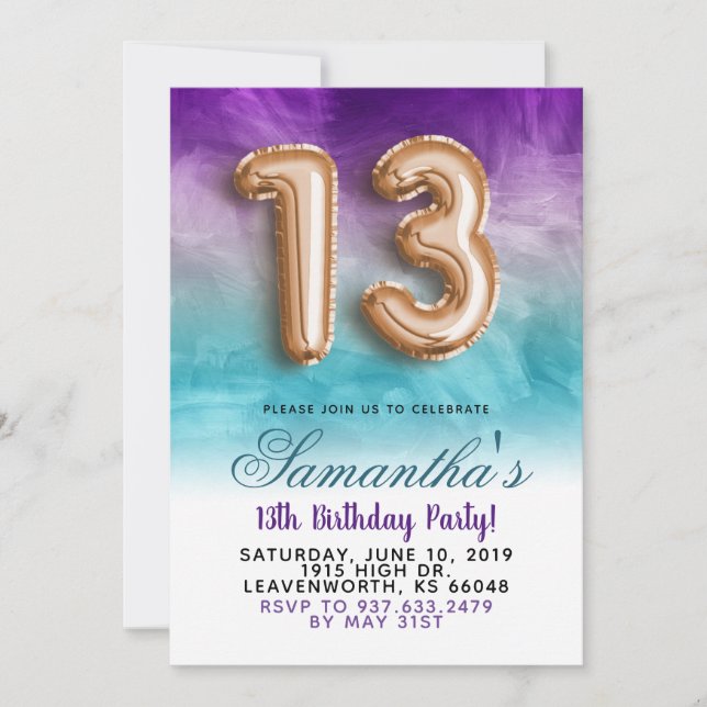13th Birthday Purple Blue Gradient Invitation (Front)