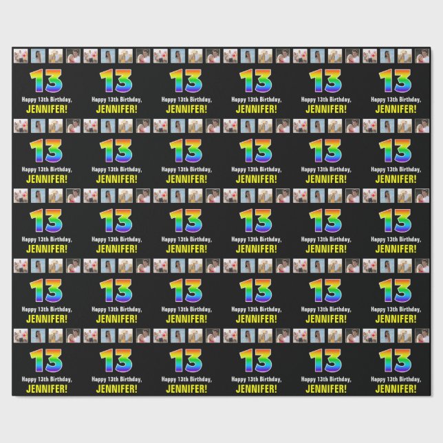 13th Birthday: Rainbow “13“; Custom Photos & Name Wrapping Paper (Seam)