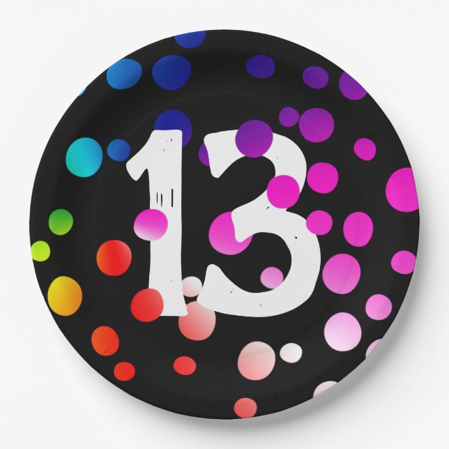 13th Birthday Rainbow Dots on Black Paper Plate (Front)