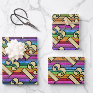 13th Birthday Rainbow Stripe Gold Numbers Glitter Wrapping Paper Sheet