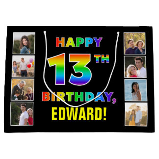 13th Birthday: Rainbow Text, Custom Photos & Name Large Gift Bag