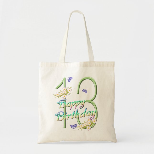 13th Birthday Rainbows and Butterflies Budget Tote Bag (Front)