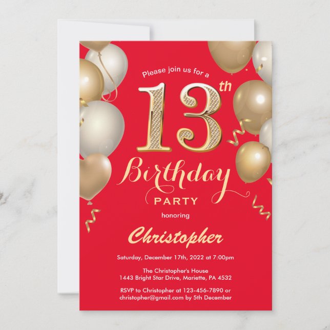 13th Birthday Red and Gold Balloons Confetti Invitation (Front)