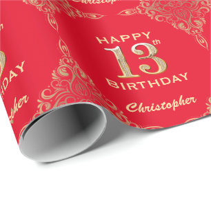 13th Birthday Red and Gold Glitter Frame Wrapping Paper