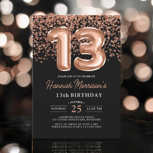 13th Birthday Rose Gold Black Balloons Party  Invitation
