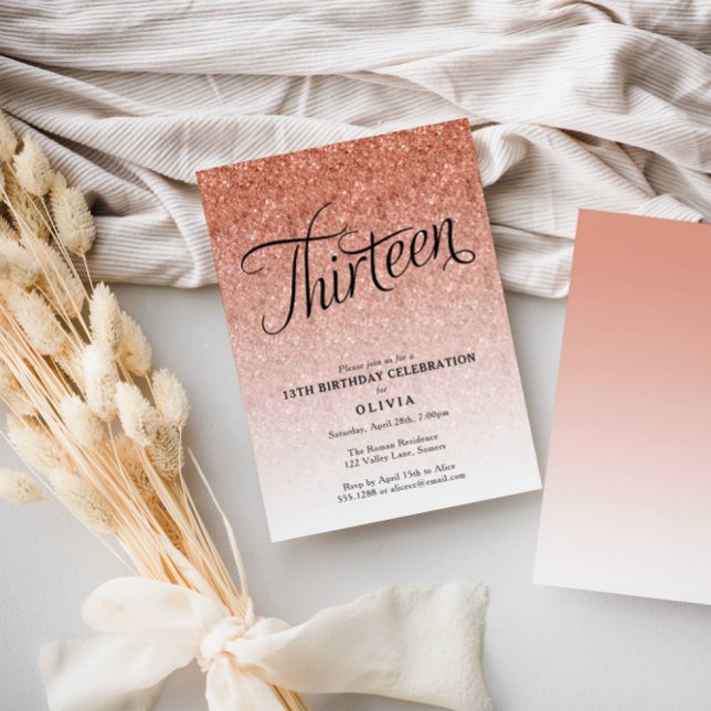 13th Birthday Rose Gold Ombre Glitter Invitation (Creator Uploaded)