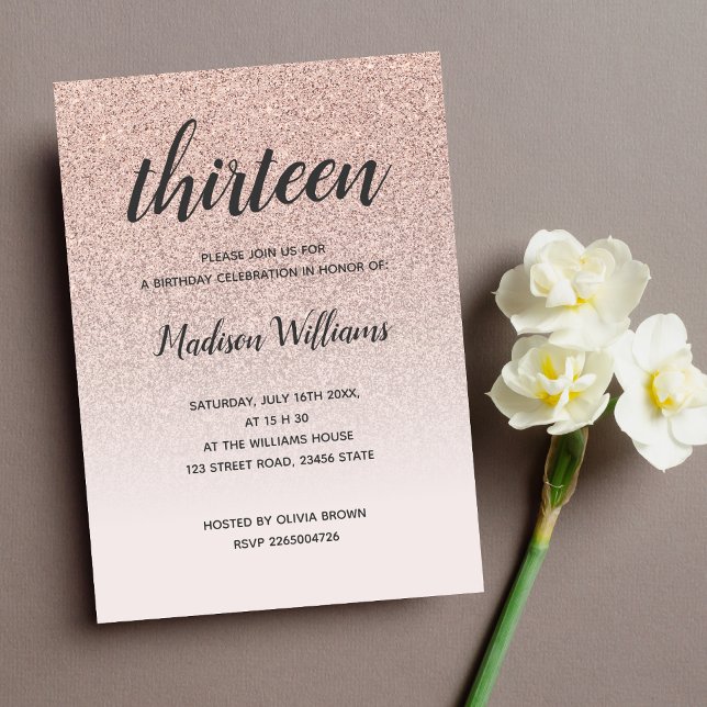 13th Birthday Rose Gold Ombre Glitter Invitation (Creator Uploaded)