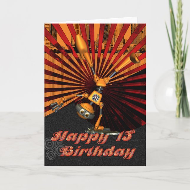 13th Birthday, Skateboard Robot Birthday Card (Front)