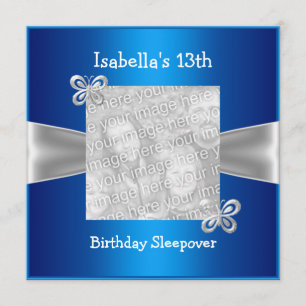13th Birthday Sleepover Butterfly Photo Blue Invitation