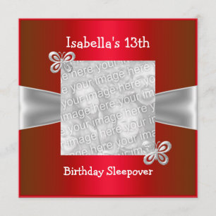 13th Birthday Sleepover Butterfly Photo Red Invitation
