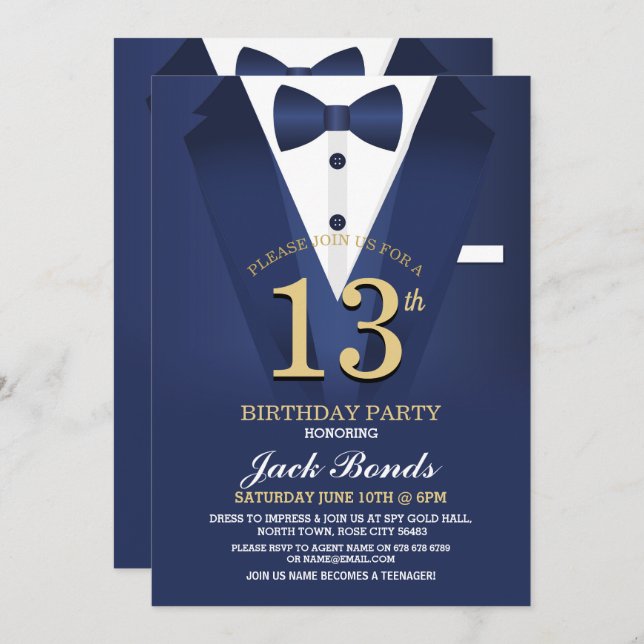 13th Birthday Spy Suit Black Tie Navy Teenager 13 Invitation (Front/Back)