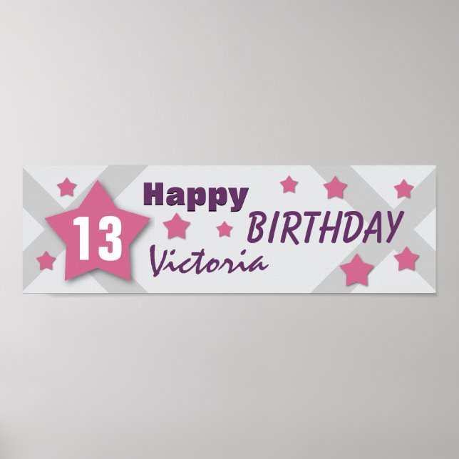 13th Birthday Star Banner PINK PURPLE SILVER V13B Poster (Front)