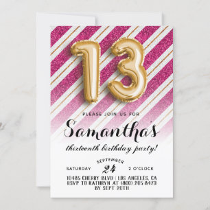 13th Birthday Stripes Glitter Invitation