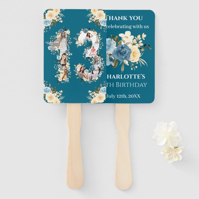 13th Birthday Teal Photo Collage Flower Yellow Hand Fan (Front and Back)