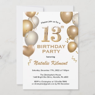 13th Birthday White and Gold Glitter Balloons Invitation