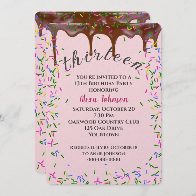 13th Birthday With Chocolate Icing And Sprinkles Invitation (Front/Back)