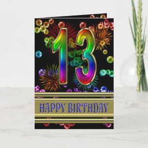 13th Birthday with rainbow bubbles and fireworks Card