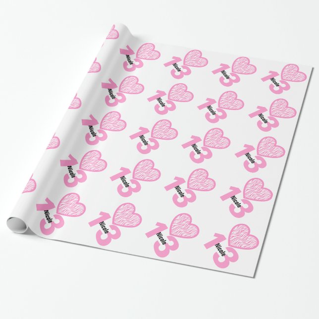 13th Birthday ZEBRA 13 Year Old  GIRL Name V16 Wrapping Paper (Unrolled)