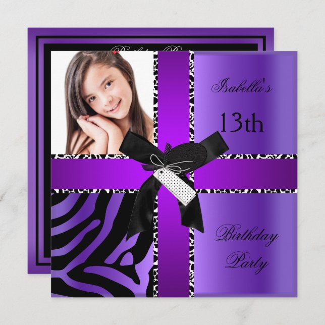 13th Birthday Zebra Cow Purple Black White Invitation (Front/Back)