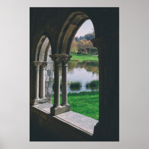13th century Mediaeval gothic cloister by a lake Poster
