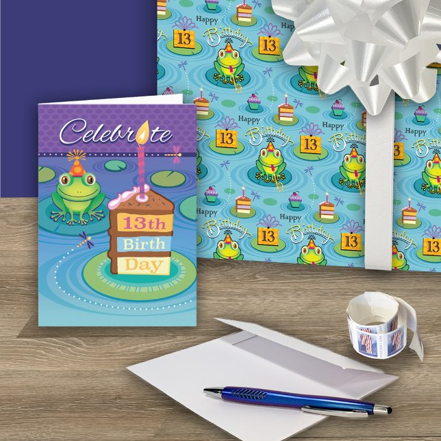 13th Cute Birthday Frog  Wrapping Paper Sheet (card: https://www.zazzle.com/13th_birthday_cake_frog_toads_of_fun_card-256007756589062195)