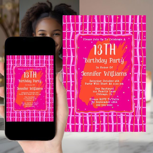13th Digital Hot Pink Birthday Invitation Whimsy (Creator Uploaded)