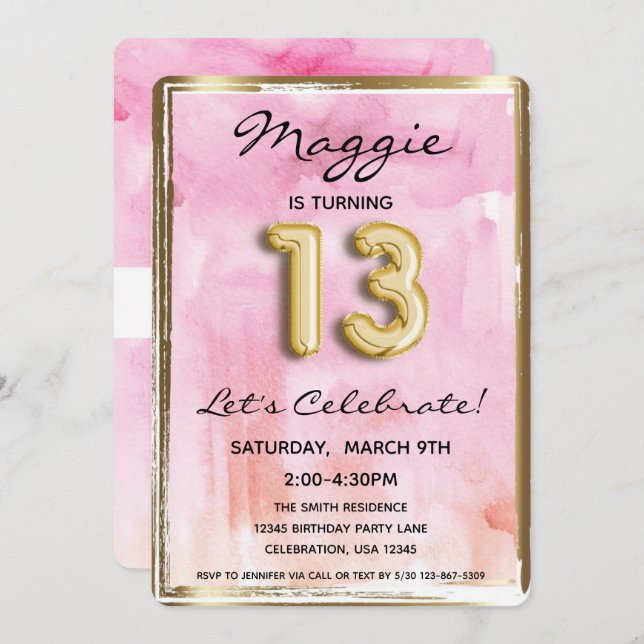 13th Girl Birthday Pink and Gold Invitation (Front/Back)