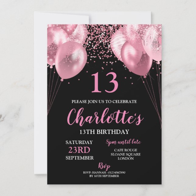 13th Invite pink neon black birthday Invitation (Front)