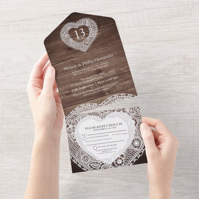 13th lace wedding anniversary no envelope  all in one invitation (Tearaway)