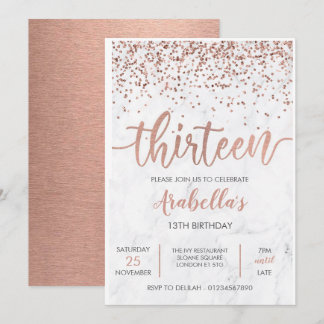 13th, Marble Rose Gold Pink Invitation