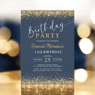 13th Navy Blue Gold Glitter Any Age Birthday Invitation
